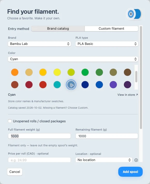 Spool’s filament catalog with brand, type, and color selectors
