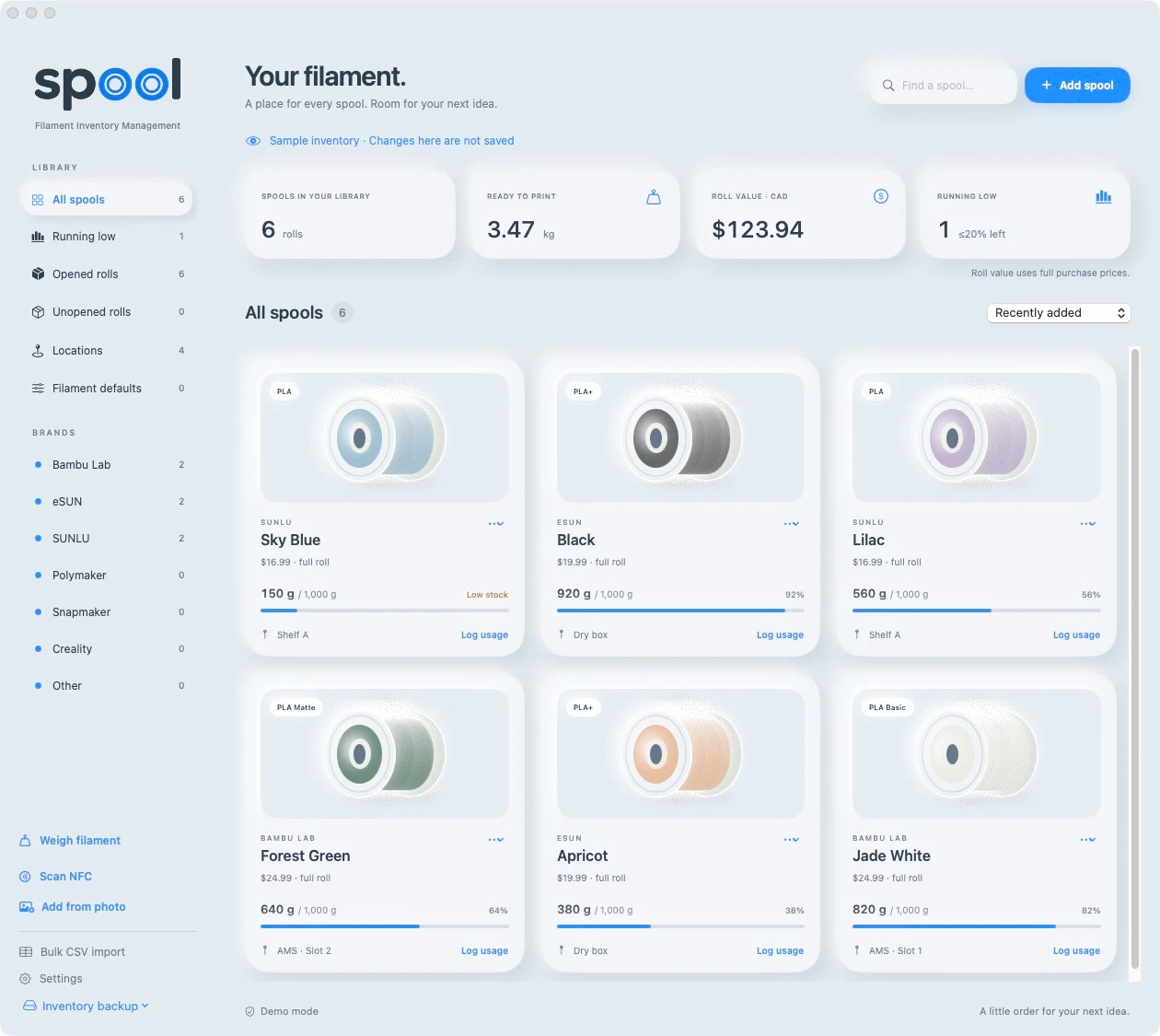 Spool on Mac showing six sample rolls with remaining weights, locations, and full-roll inventory value