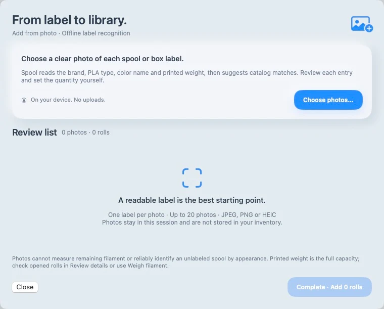 Spool’s offline photo import and review window
