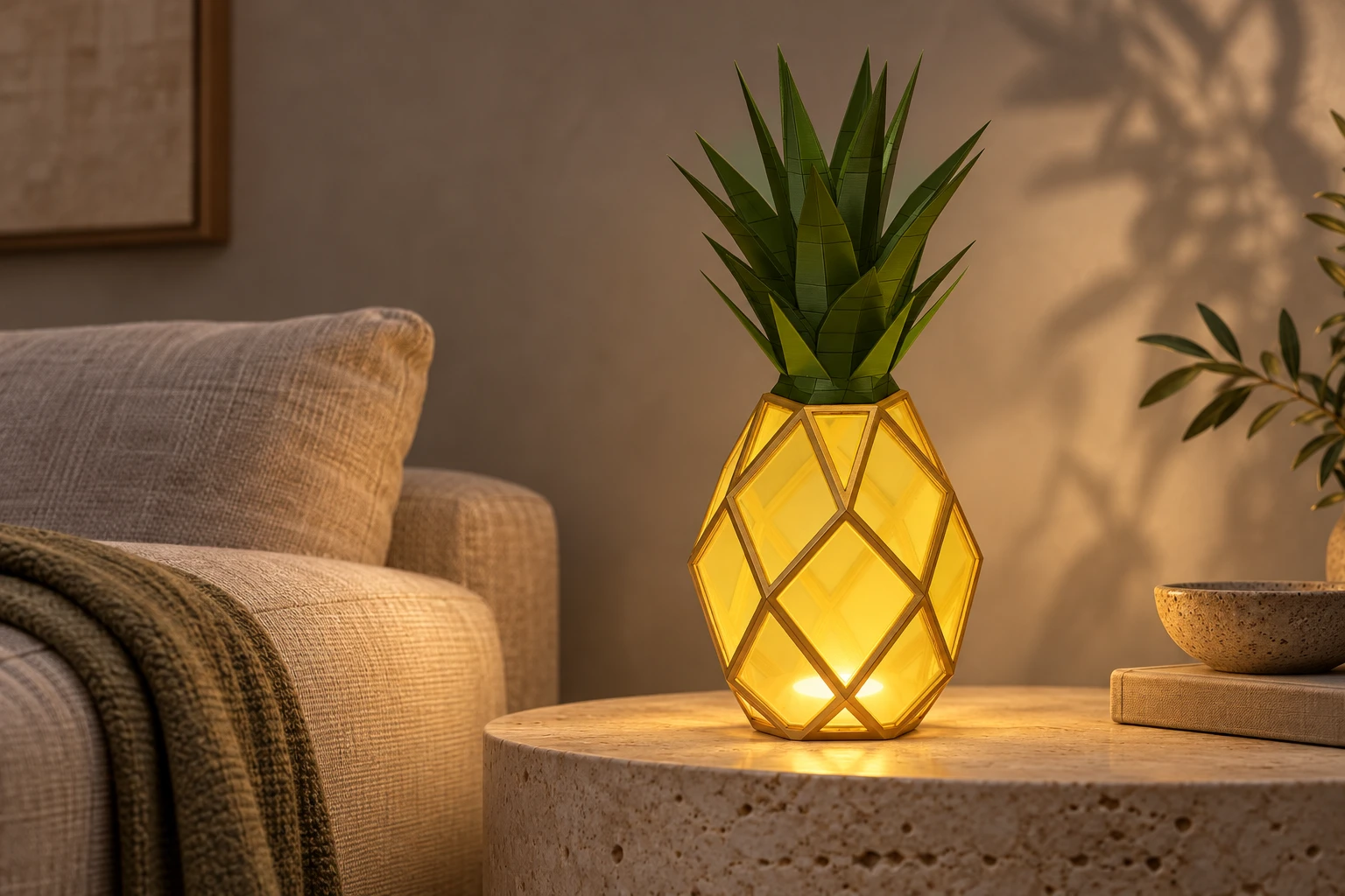Design visualization of the glowing Pineapple Lamp, with a green crown and warm gold panels, on a side table