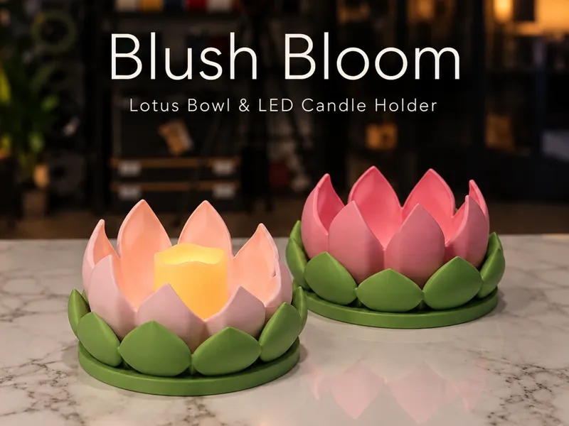 Pink Blush Bloom lotus bowls, one holding a glowing LED candle